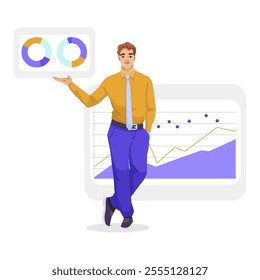 Businessman presenting data charts and analytics. Vector illustration