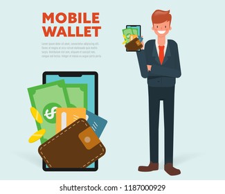 Businessman presenting digital mobile wallet. smartphone screen with wallet and credit cards.