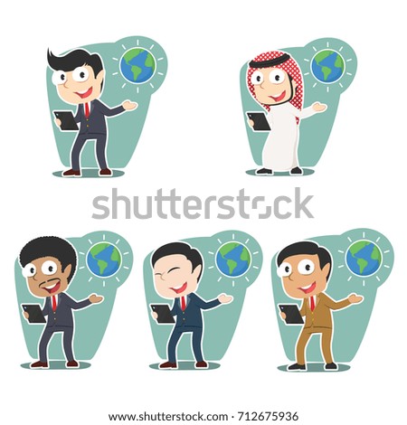 businessman presenting earth globe different race set