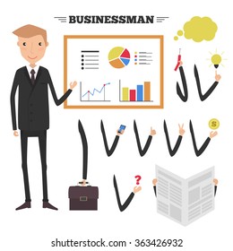 Businessman presenting finance chart. Hands with different objects set. Vector Illustration. 