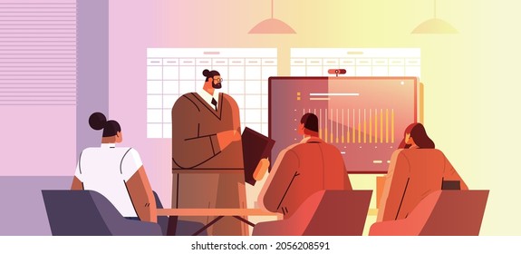 businessman presenting financial graph for businesspeople at conference meeting business presentation concept