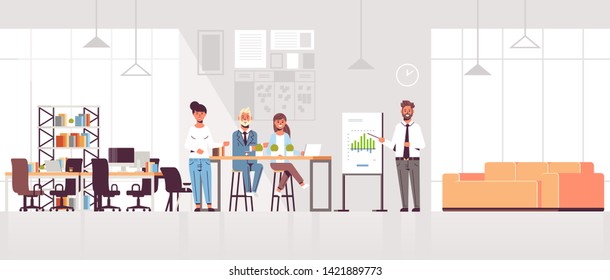 businessman presenting financial graph on flip chart to businesspeople team at conference meeting training presentation concept modern co-working space office interior full length horizontal