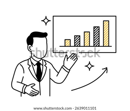 Businessman presenting financial growth chart. Explaining revenue increase with bar graph. Concept of data analysis and business performance improvement.