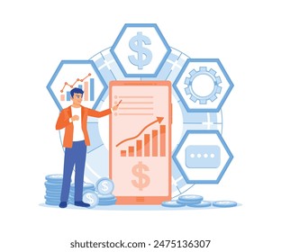 Businessman presenting financial literacy. Analyzing financial charts. Financial education concept. Flat vector illustration.