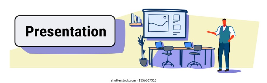 businessman presenting financial statistic graph training presentation concept workplace office interior conference meeting sketch doodle horizontal banner