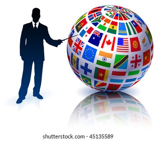 Businessman Presenting Flags Globe Original Vector Illustration