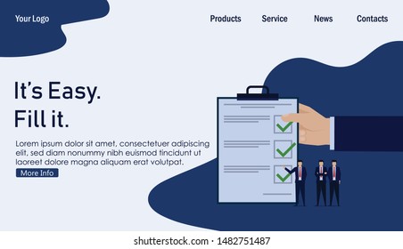 Businessman presenting form survey interview application to fill. Business Landing Page Template.