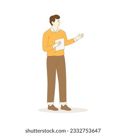 Businessman in presenting gesture and holding document, flat cartoon character vector