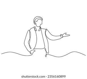 Businessman presenting gesture, one continuous line drawing people business theme, marketing and meeting concept presentation.