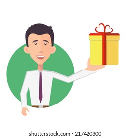 empresario que presenta un regalo - vector de diseño plano 