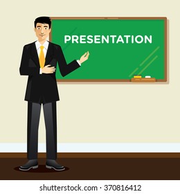 businessman presenting, green billboard with empty space. 