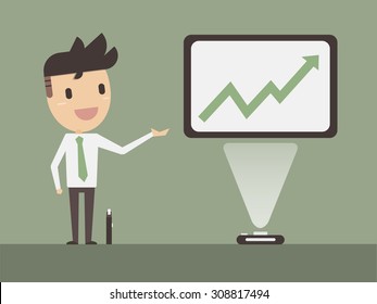 Businessman presenting with green graph ,Vector cartoon concept business