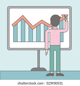 A businessman presenting his report through infographic. Reporting concept. Vector line design illustration. Square layout.