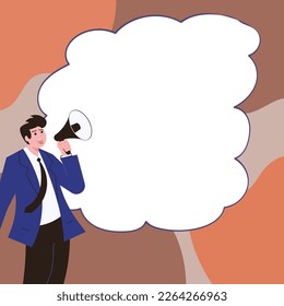 Businessman Presenting Important Information with megaphone. Man Having Sound Device In Hand And Main Information. Critical Announcements Displayed With Drawings Around.