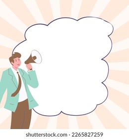 Empresario Presentando información importante con megáfono. Hombre Con Dispositivo Sonoro A Mano Y Información Principal. Anuncios críticos mostrados con dibujos a su alrededor.