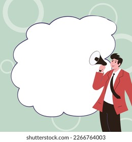 Businessman Presenting Important Information with megaphone. Man Having Sound Device In Hand And Main Information. Critical Announcements Displayed With Drawings Around.