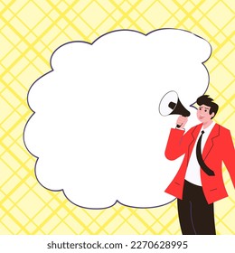 Businessman Presenting Important Information with megaphone. Man Having Sound Device In Hand And Main Information. Critical Announcements Displayed With Drawings Around.