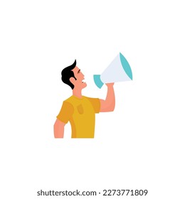 Businessman Presenting Important Information with megaphone. Man Having Sound Device In Hand And Main Information. Critical Announcements Displayed With Drawings Around.