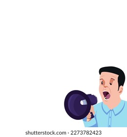 Businessman Presenting Important Information with megaphone. Man Having Sound Device In Hand And Main Information. Critical Announcements Displayed With Drawings Around.