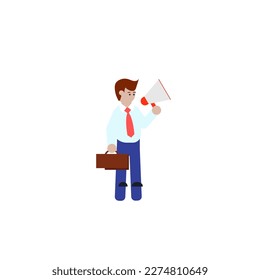 Businessman Presenting Important Information with megaphone. Man Having Sound Device In Hand And Main Information. Critical Announcements Displayed With Drawings Around.