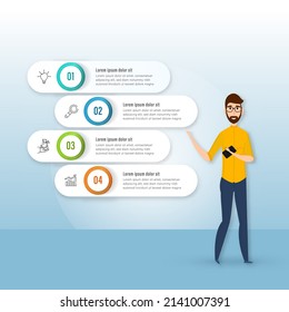 Businessman Presenting Infographic Plan With Four Successive Steps Against Glossy Light Blue Background.