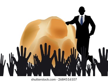 Businessman presenting large round loaf of bread to crowd with raised hands