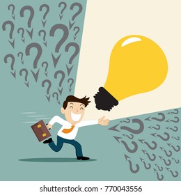 Businessman presenting light bulb with question mark, illustration vector cartoon