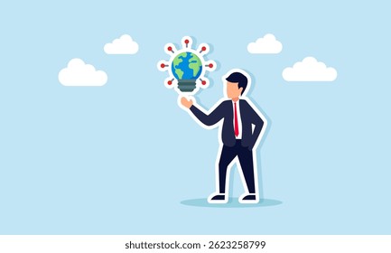 Empresário que apresenta luz de globo com ornamento de luz indicador tipo robô ilustrando inovação empresarial digital para escala global