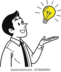 Businessman Presenting a Lightbulb as a New Idea – Doodle Style Illustration with an Editable Stroke, Representing Innovation, Creativity, and Business Concepts in a Simple Yet Expressive Hand-Drawn 