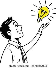 Businessman Presenting a Lightbulb as a New Idea – Doodle Style Illustration with an Editable Stroke, Representing Innovation, Creativity, and Business Concepts in a Simple Yet Expressive Hand-Drawn 