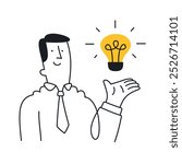 Businessman presenting a lightbulb symbolizing a new idea. Doodle style with an editable strike.