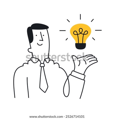 Businessman presenting a lightbulb symbolizing a new idea. Doodle style with an editable strike.