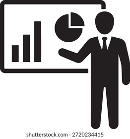 Businessman presenting market analysis vector icon. Manager pointing at a whiteboard showing bar graphs and a pie chart. Financial statistics concept.