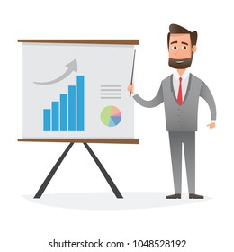 Businessman presenting marketing data and graphs on projector screen. Business concept. Vector Illustration