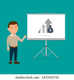 Businessman presenting marketing data on a presentation screen board.