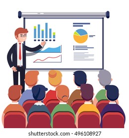 Businessman presenting marketing data on a presentation screen board explaining charts to sales training audience. Business seminar. Flat style vector illustration isolated on white background.