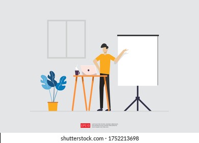 Businessman Presenting Marketing Idea Plan Concept. Business Character Giving Presentation Report, Lesson Session, Meeting, Council On A Whiteboard. Flat Style Vector Illustration