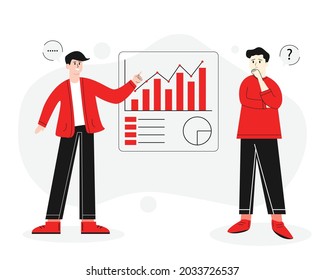 Businessman presenting marketing strategy for corporate with information statistics. Leader and employee illustration concept design. Business, marketing, digital, and mission success vector design.