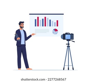 Businessman presenting new project on camera. He is showing graphs and pie charts. Coach giving presentation to clients online. Vector illustration