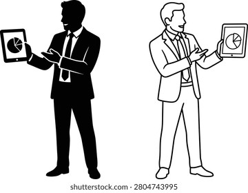 businessman presenting pie chart data on screens, concept vector illustration icon