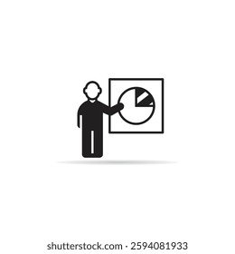 businessman presenting pie chart icon with shadow on white background