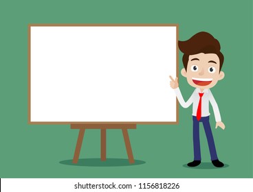 Businessman is presenting and pointing to a white board, Cartoon vector illustration