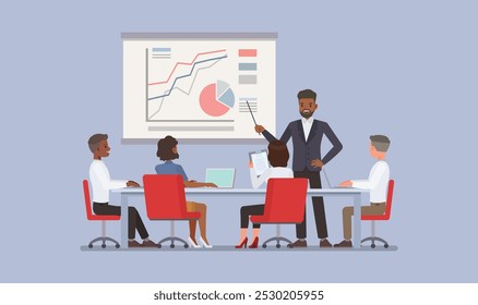 Businessman presenting a project on a large screen in a conference room. He stands at the front while a group of clients. Character vector illustration design. Project Presentation concept. 