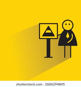 businessman presenting pyramid chart stick figure icon with shadow yellow background