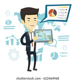 Businessman presenting report with a digital tablet on the background of graphs. Businessman pointing at charts on tablet computer screen. Vector flat design illustration isolated on white background.