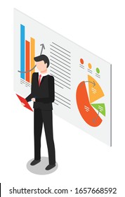 Businessman presenting scheme graph report. Speech of professional worker standing with paper near diagram presentation. Training form employee male with growth plan and business statistics vector