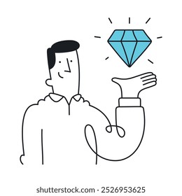 Empresário Apresentando um Diamante Brilhante. Estilo Doodle com um toque editável.