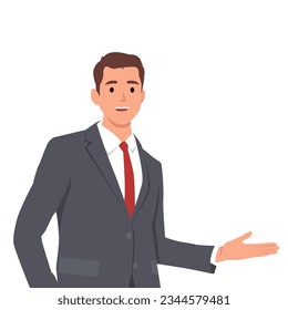 Businessman presenting something with suit and tie. Flat vector illustration isolated on white background