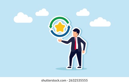 Hombre de negocios que presenta la estrella con el icono continuo que ilustra la mejora continua del estándar de calidad