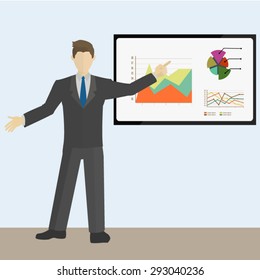 Businessman presenting statistics on screen with graphs and pie charts